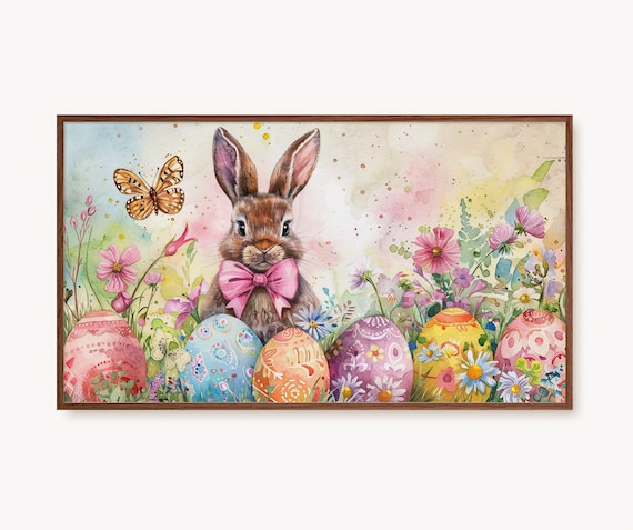 Easter Bunny with Pink Bow Tie Painted Eggs Watercolor Poster