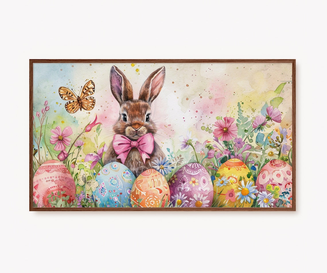 Easter Bunny with Pink Bow Tie Painted Eggs Watercolor Poster