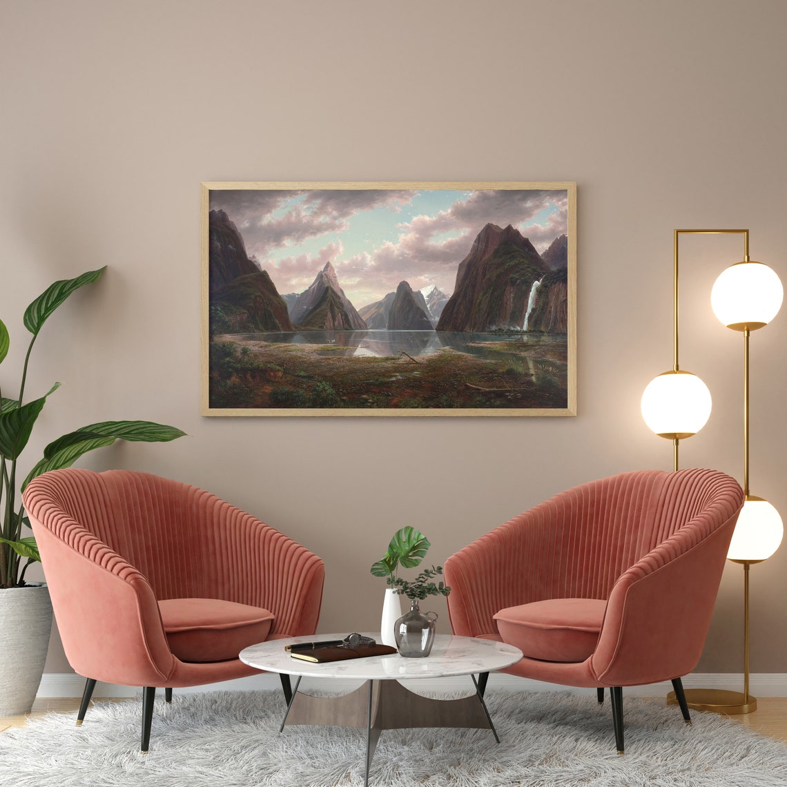 Majestic Fjord Waterfall Peaks Vintage Landscape Painting Poster - Image 2