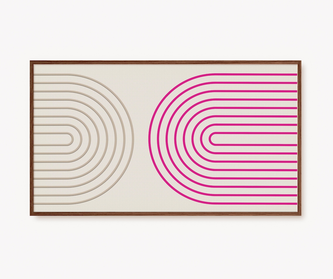 Pink Abstract Retro Rainbow Art, Mid-Century Shapes