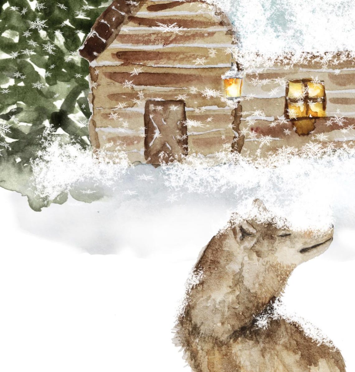 Cozy Winter Cabin Wolf Watercolor Christmas Art Holiday Poster - Image 2