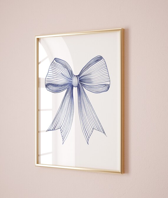 Navy Blue Striped Bow Ribbon Line Art Minimalist Nursery Poster