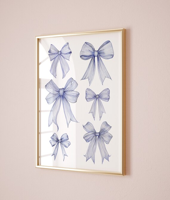 Navy Blue Striped Bows Grandmillennial Coquette Style Poster