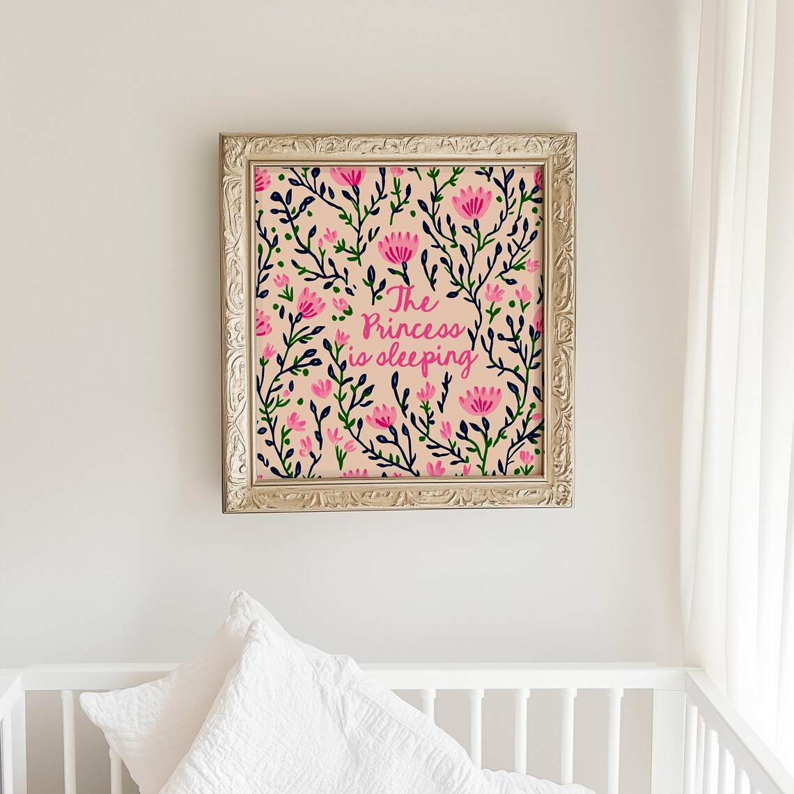The Princess Is Sleeping Pink Floral Nursery Sign Baby Girl Room Wall Art Poster - Image 2