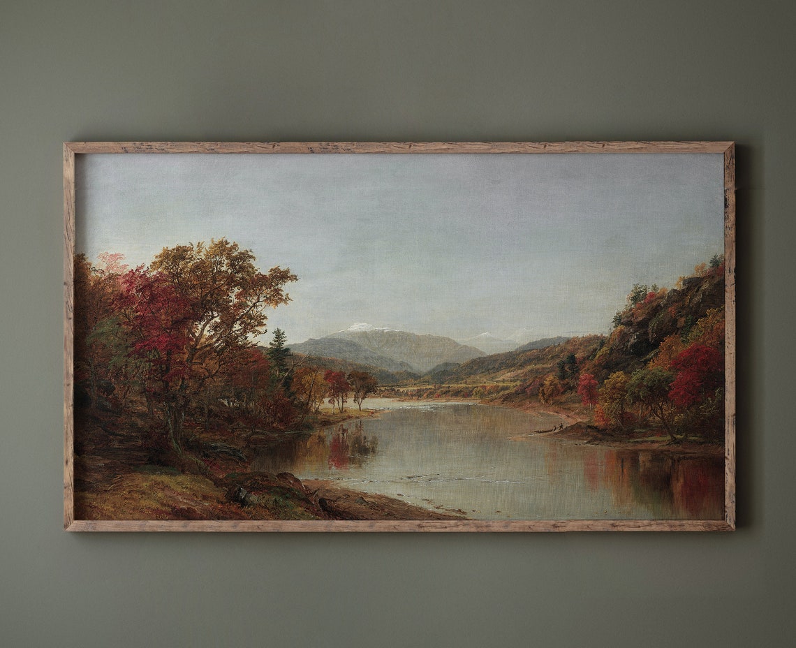Moody River Valley Autumn Antique Landscape Oil Painting Poster - Image 2