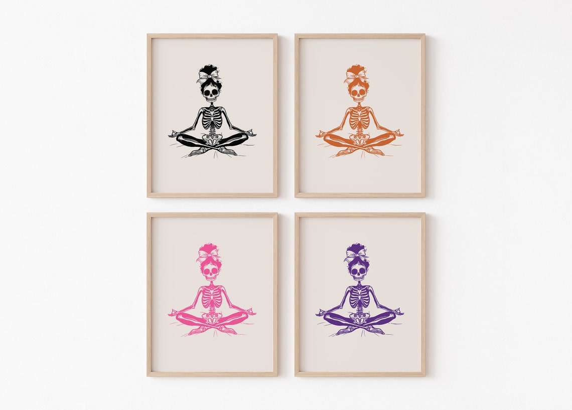 Skeleton Meditating Yoga Pose Funny Pink Halloween Decor Poster - Image 2