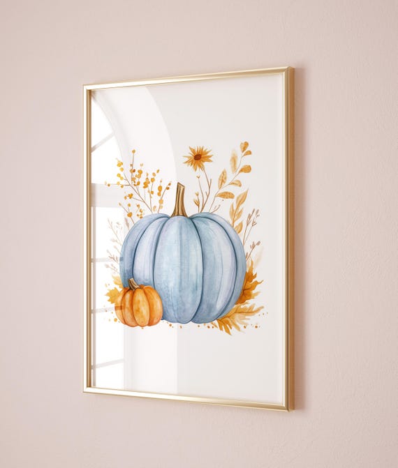 Blue Pumpkins Watercolor Halloween Art Print