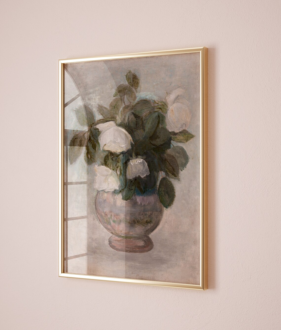 White Roses in Vase Vintage Still Life Floral Painting Poster