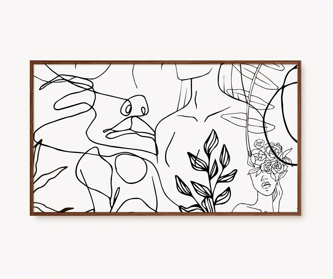 Abstract Botanical Line Art Female Face Floral Drawing Poster