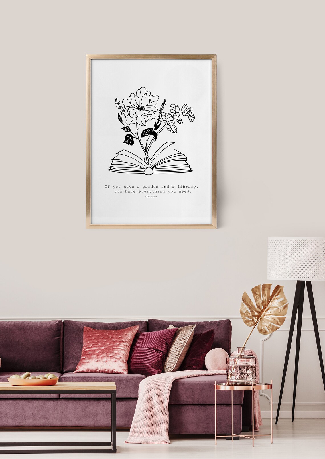 Cicero Garden Library Quote Book Lover Floral Line Art Typography Poster - Image 2
