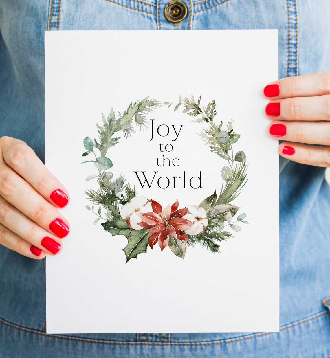 Joy To The World Christmas Wreath Poinsettia Watercolor Print - Image 2