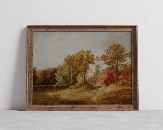 Vintage Autumn Landscape Painting, Moody Fall Country Decor