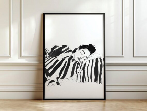 Minimalist Black And White Woman Portrait Serene Striped Artwork Modern Monochrome Elegant Feminine Art
