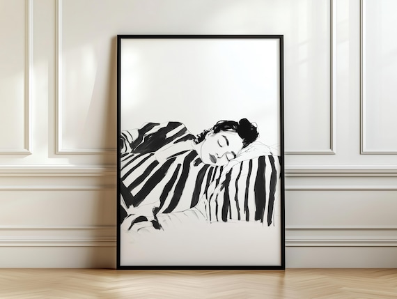 Woman Resting Her Head Ink Sketch Striped Robe Monochrome Poster