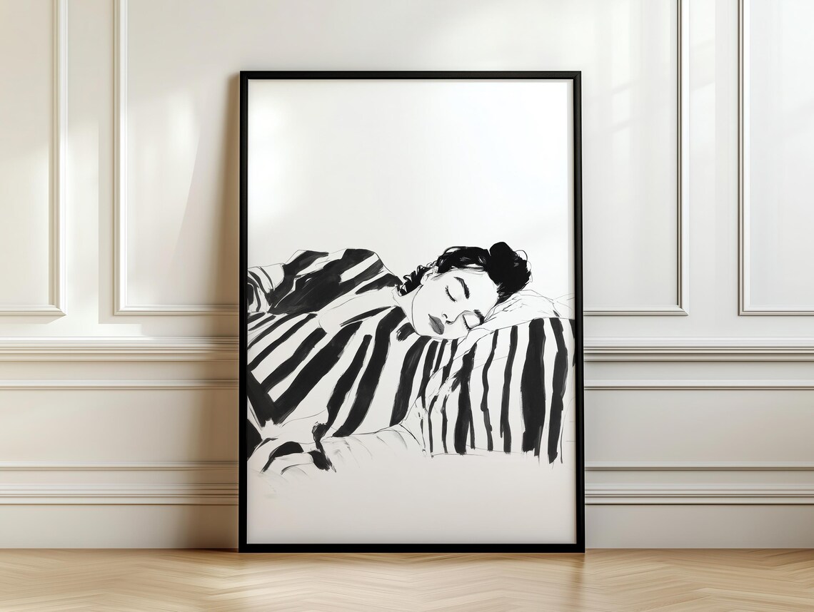 Woman Resting Her Head Ink Sketch Striped Robe Monochrome Poster