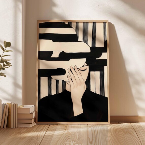 Introspective Woman Obscured By Abstract Clouds Black And White Wall Art Surreal Minimalist Print Emotional Artwork