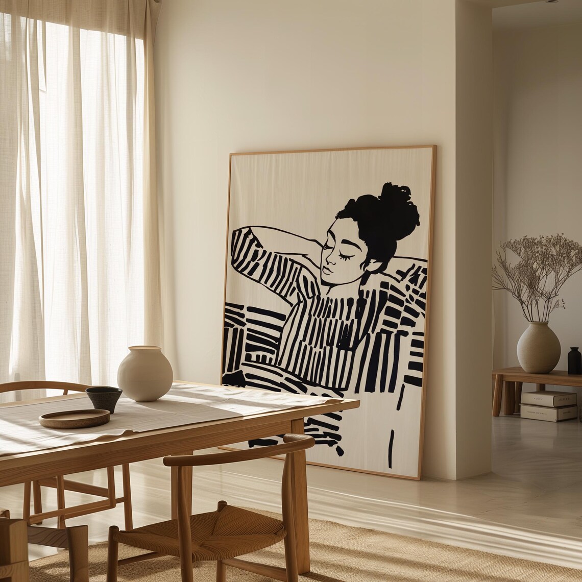 Resting Woman in Black and White Stripes Ink Illustration Poster - Image 2