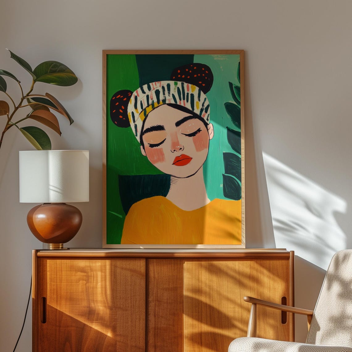 Whimsical Portrait Of Woman With Colorful Headscarf Bold Green And Yellow Art Print Playful Contemporary Artwork - Image 3