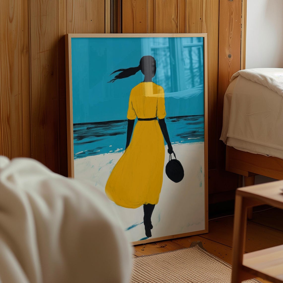Woman In Yellow Dress On Beach Modern Seaside Silhouette Art Bold Minimalist Coastal Wall Decor - Image 2