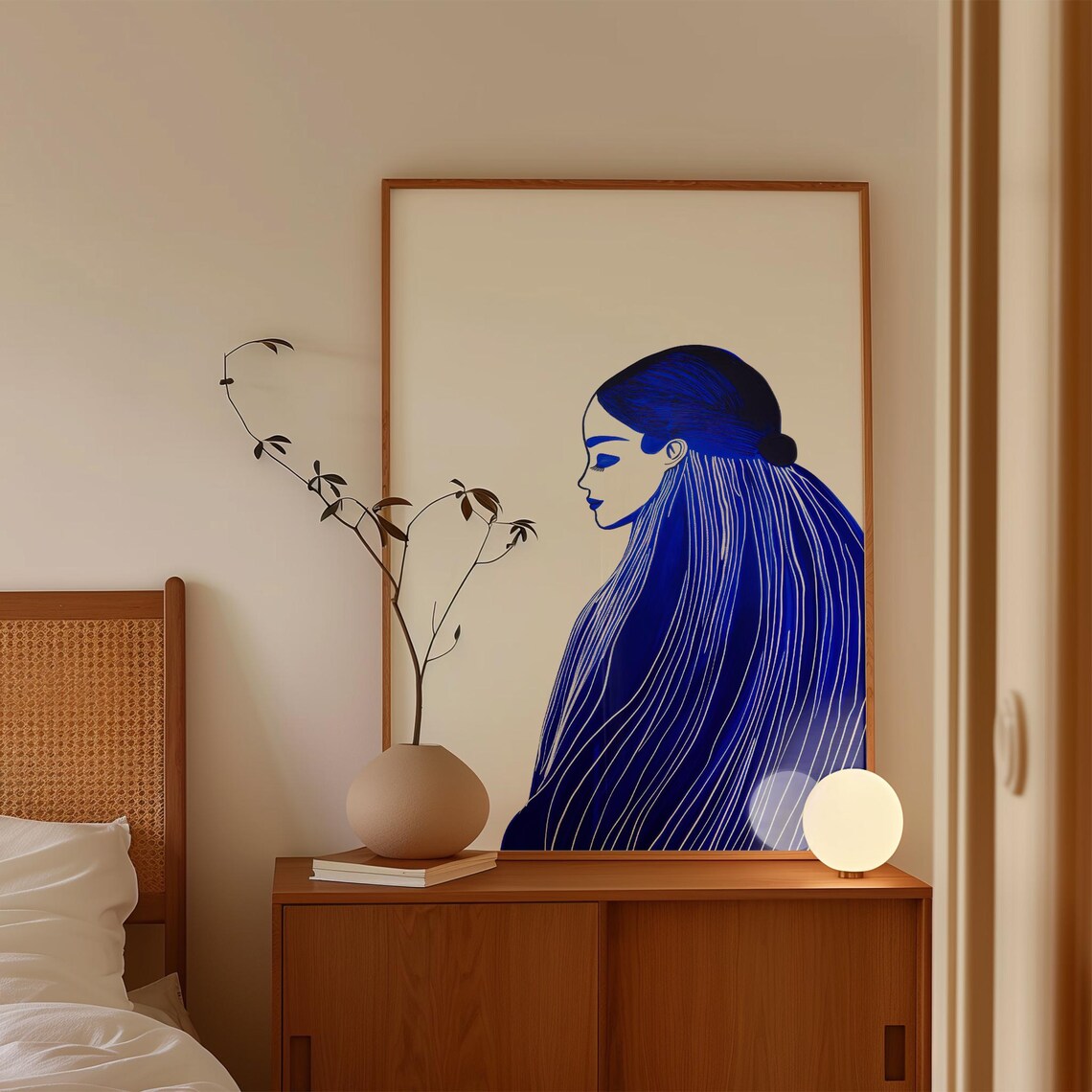 Cobalt Blue Woman Profile With Long Fine Lined Hair Art Poster - Image 2