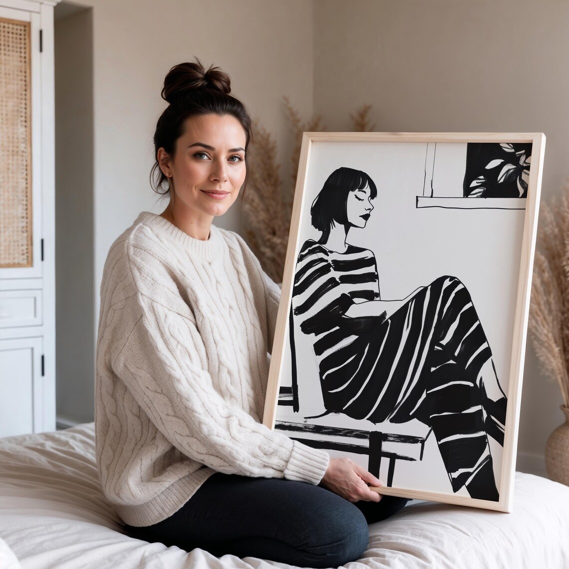 Lounging Woman in Monochrome Stripes Fashion Illustration Poster - Image 3