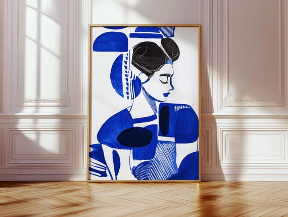 Abstract Woman Portrait In Blue Bold Minimalist Wall Art Modern Painting For Stylish Interiors Artwork
