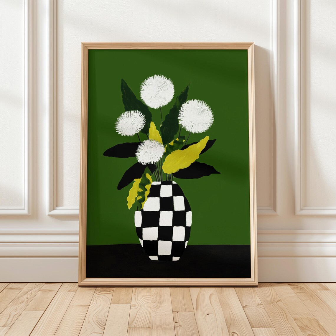 White Dandelion Puffs Checkered Vase Green Botanical Art Poster