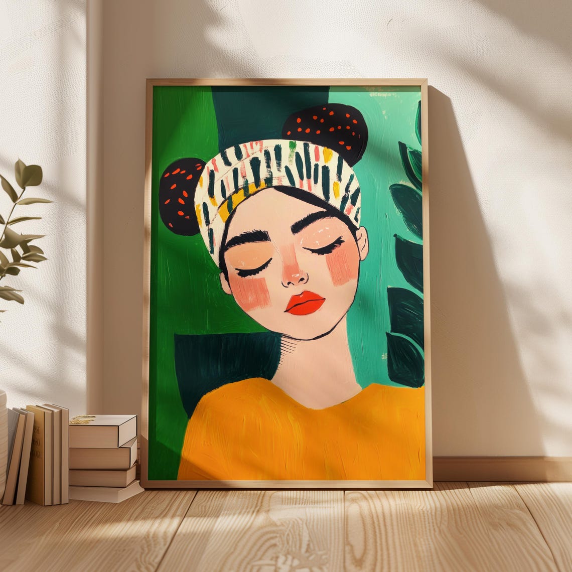 Whimsical Portrait Of Woman With Colorful Headscarf Bold Green And Yellow Art Print Playful Contemporary Artwork