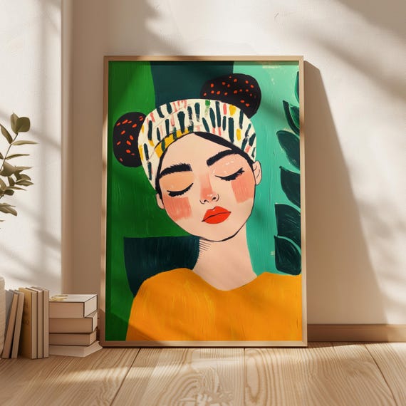 Whimsical Portrait Of Woman With Colorful Headscarf Bold Green And Yellow Art Print Playful Contemporary Artwork
