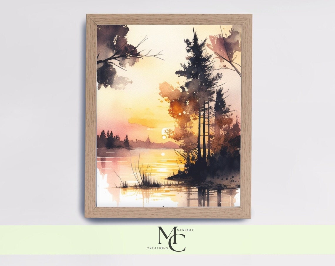 Warm Golden Sunset Over a Pine Lake Watercolor Landscape Poster