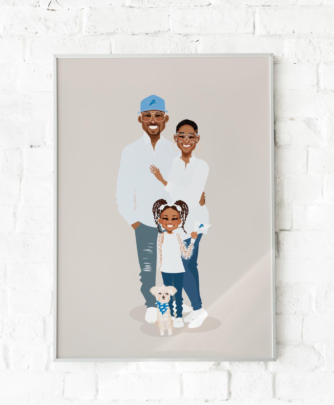 Custom Illustrated Family Portrait With Detroit Lions Fan Gear Poster
