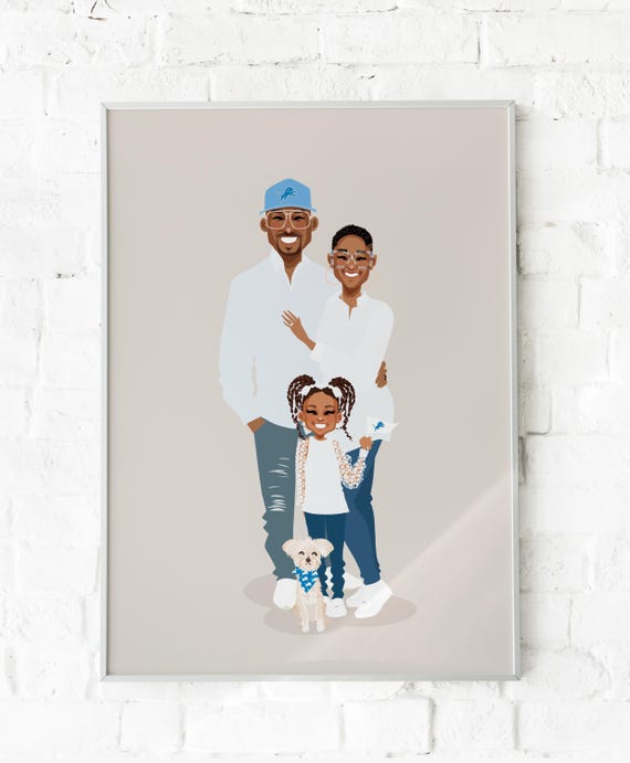 Custom Illustrated Family Portrait With Detroit Lions Fan Gear Poster