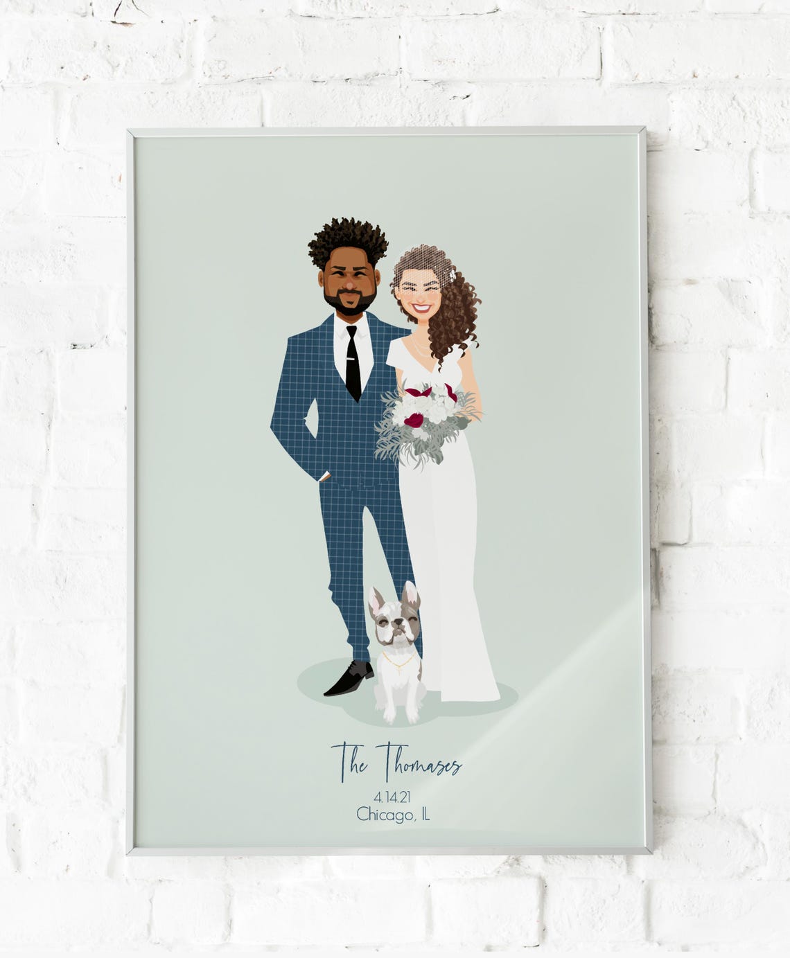 Custom Illustrated Wedding Portrait The Thomases With Dog in Chicago Poster