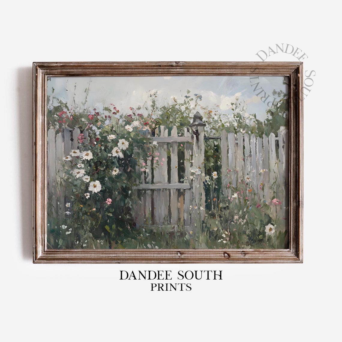 Country Garden Gate Wall Art White Picket Fence Wildflower Painting