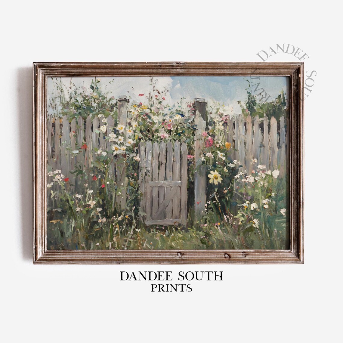 Vintage Garden Gate Wall Art Wooden Fence Summer Wildflower Painting