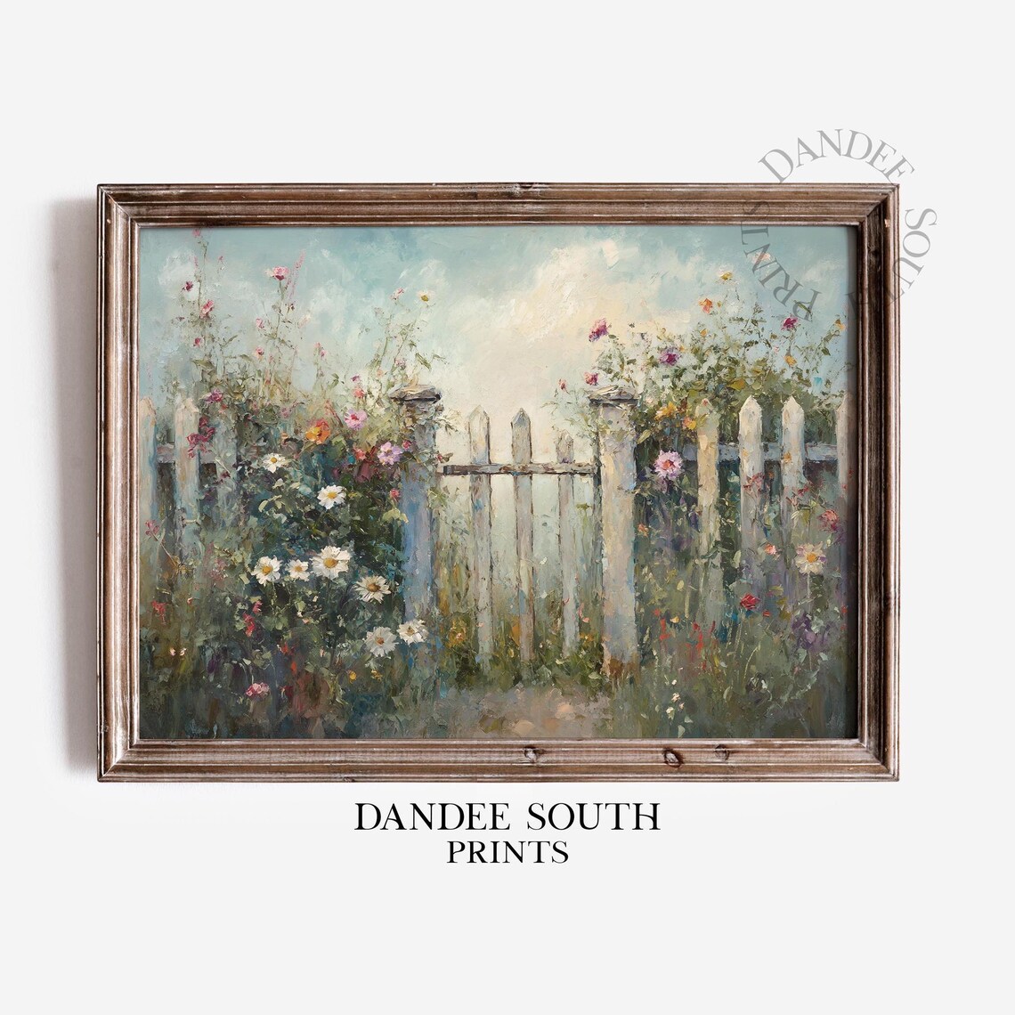 Garden Gate Wall Art Summer Wildflowers White Fence Country Painting