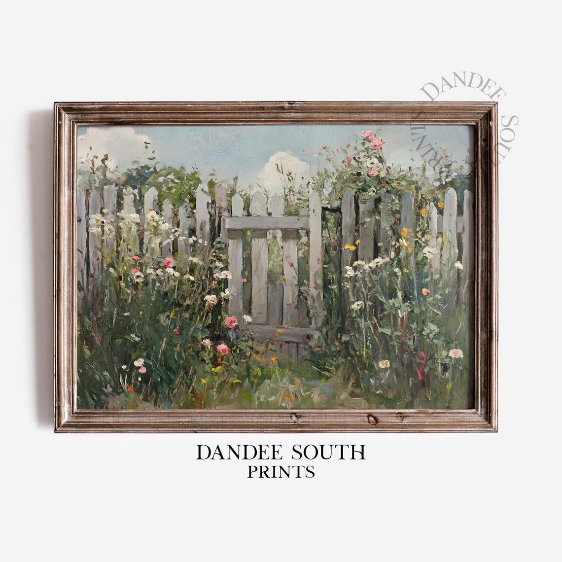 Cottage Garden Gate Wall Art Wildflowers White Picket Fence Painting
