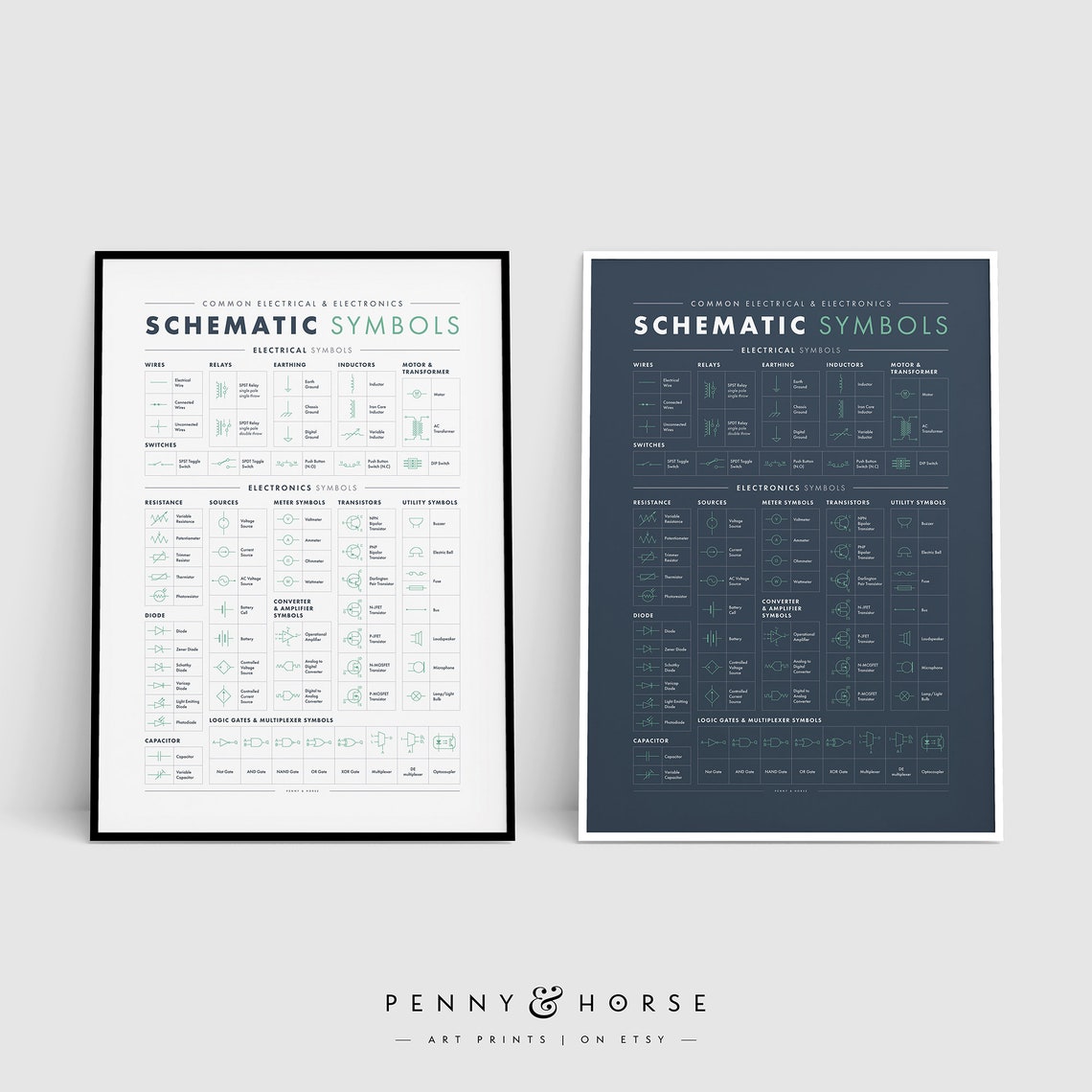 Electrical Schematic Symbols Chart Light and Dark Poster Pair