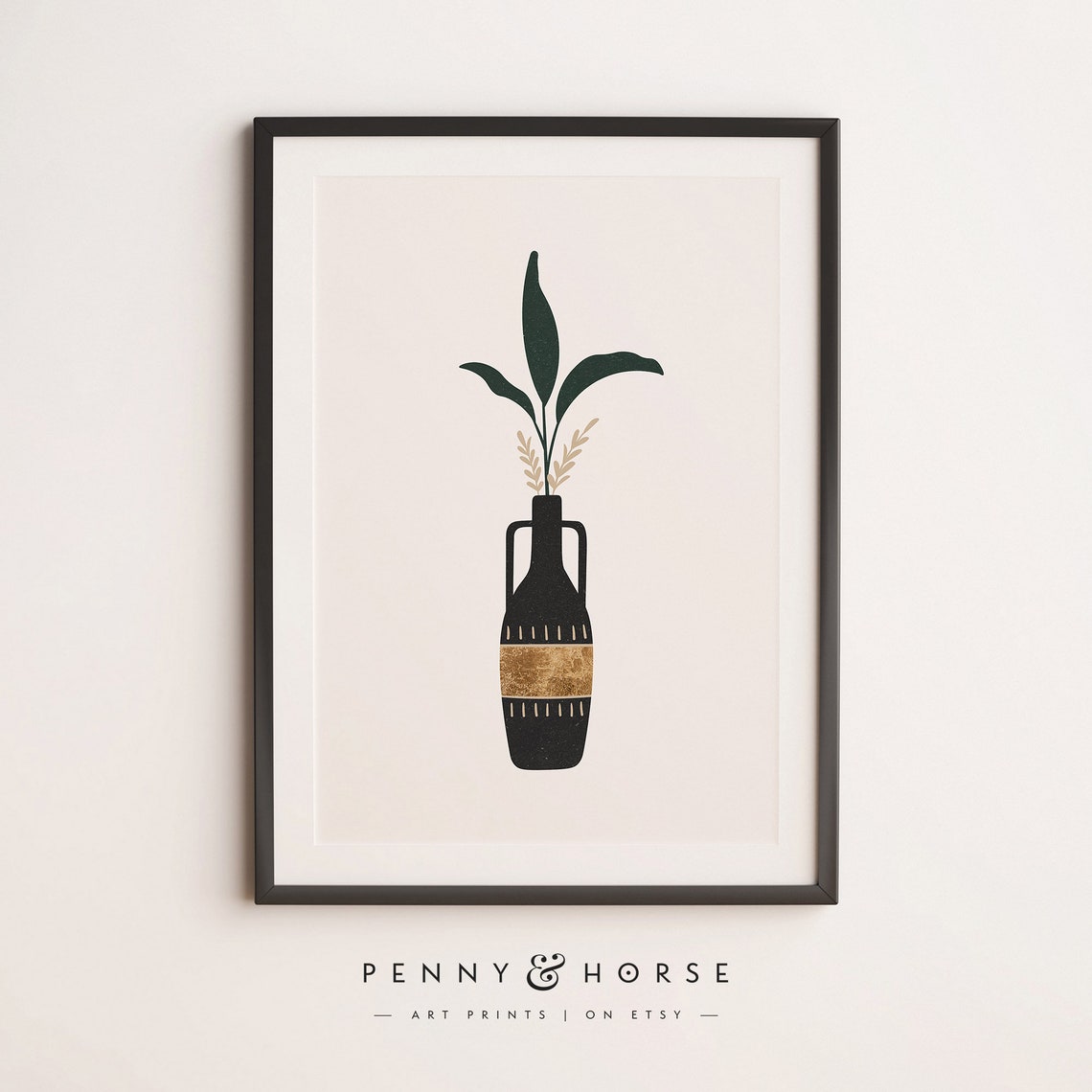 Black and Gold Botanical Vase Leaves Minimalist Modern Wall Art - Image 3
