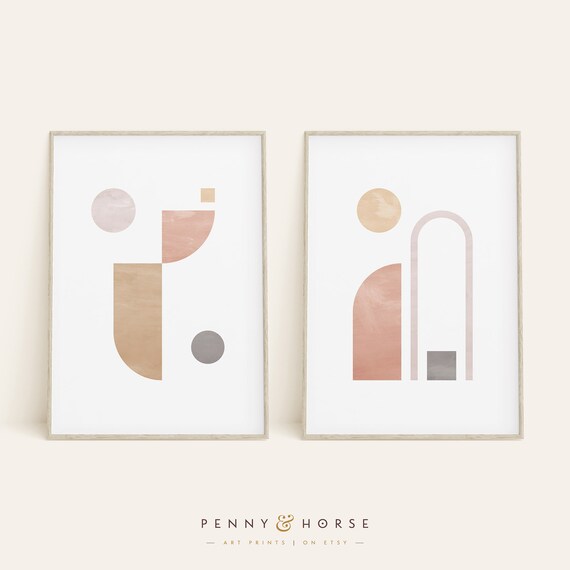 Geometric Pastel Wall Art Set Neutral Shapes Boho Print Muted Coral Home Decor Abstract Minimal Print Modern Art