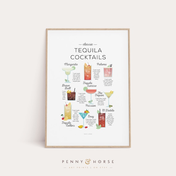 Classic Tequila Cocktail Recipes Illustrated Chart Home Bar Poster