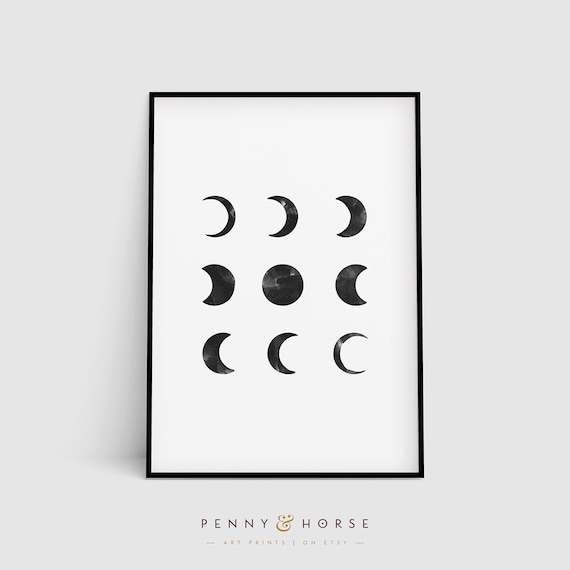 Watercolor Moon Phases Grid Black and White Celestial Wall Art