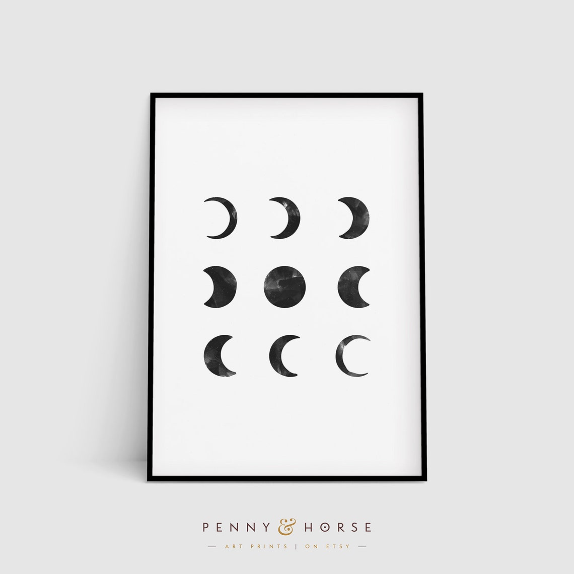 Watercolor Moon Phases Grid Black and White Celestial Wall Art