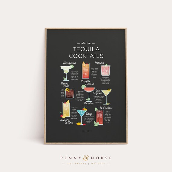 Classic Tequila Cocktails Black Background Recipe Chart Poster