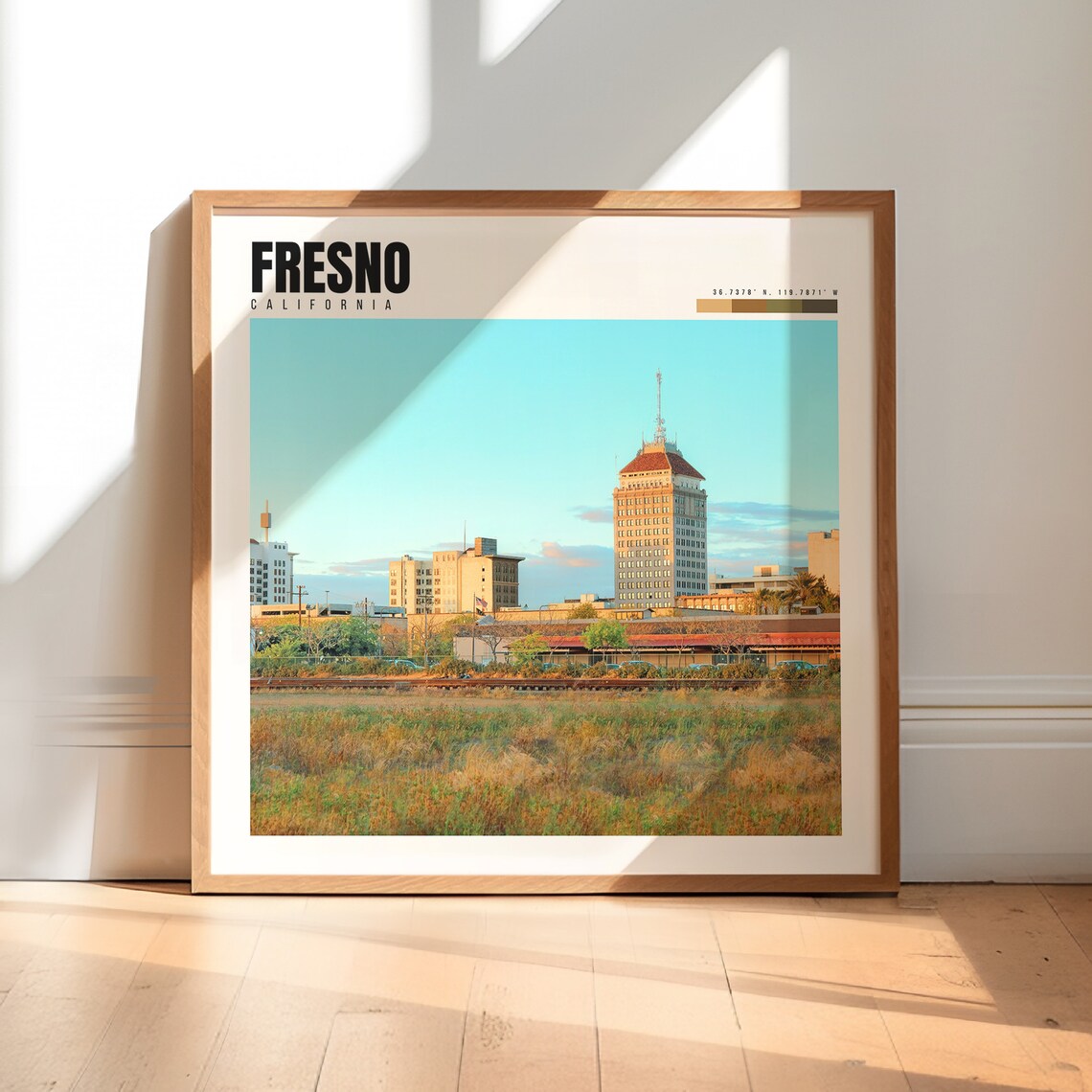 Fresno California Downtown Tower Golden Hour Skyline Travel Poster