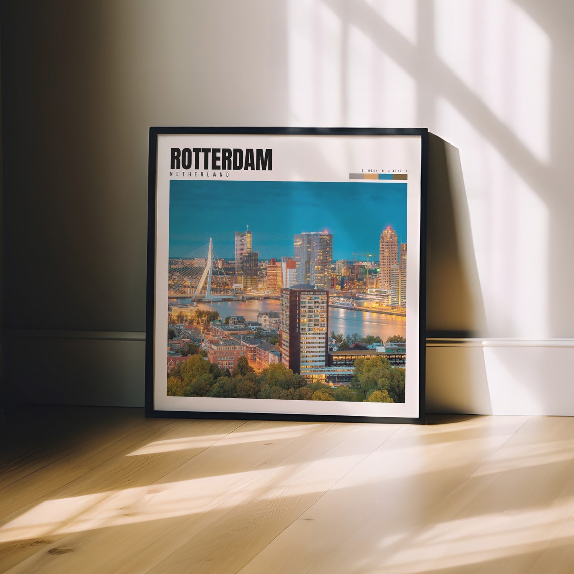Rotterdam Netherlands Erasmus Bridge Blue Hour Harbor Skyline Poster - Image 3
