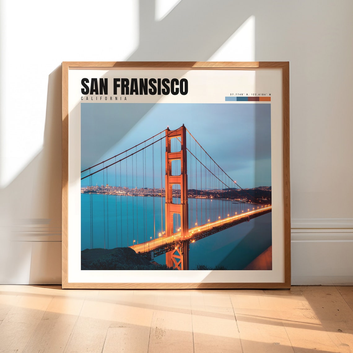 San Francisco Poster with Golden Gate Bridge Lit Up at Night View