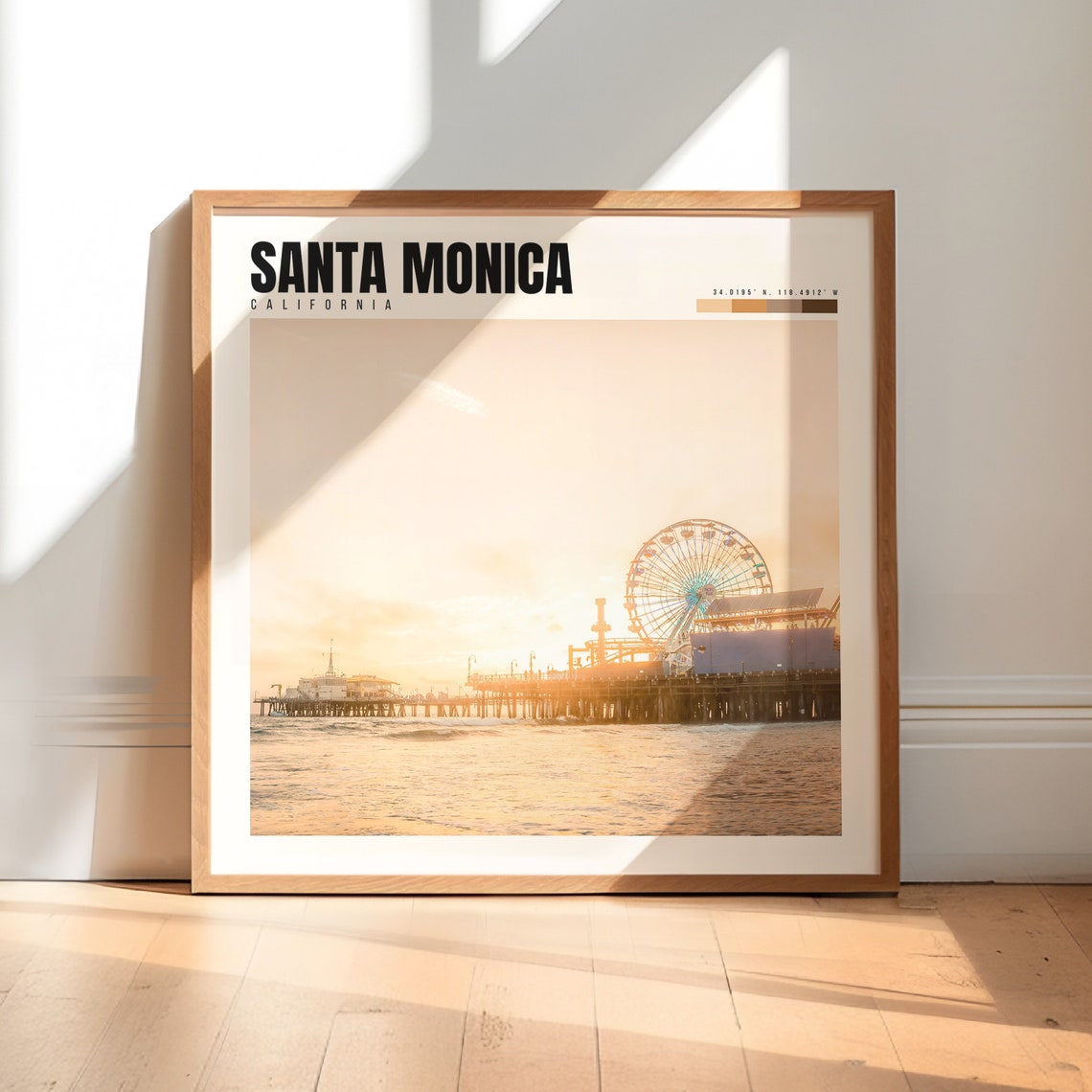 Santa Monica Poster with Pier Ferris Wheel at Golden Sunset Glow