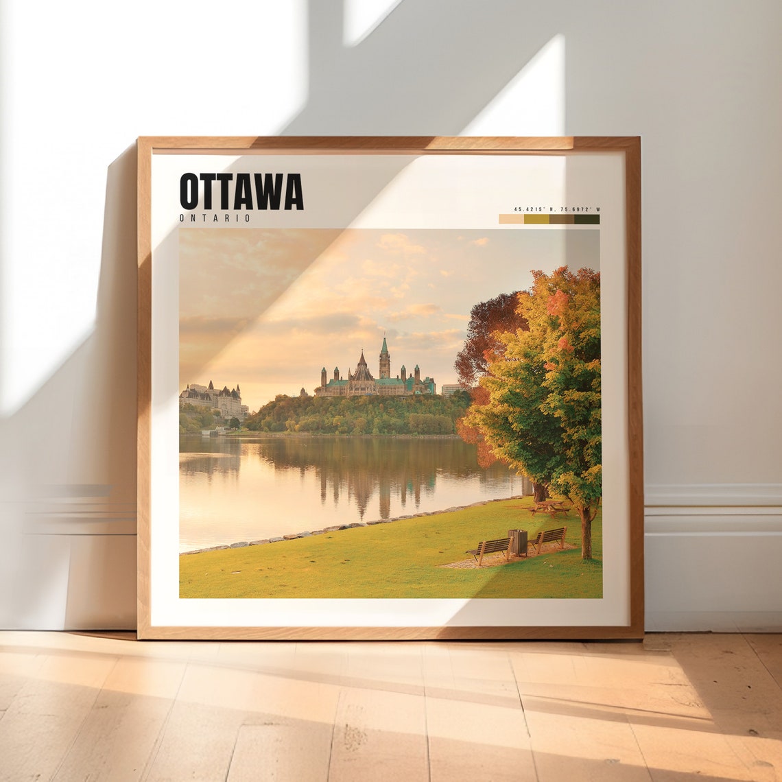 Ottawa Autumn Poster with Parliament Hill and Fall Foliage Lake View