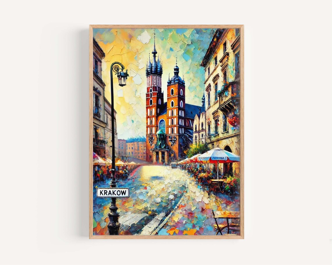 Krakow Poland Old Town Square Church Towers Oil Painting Art Poster